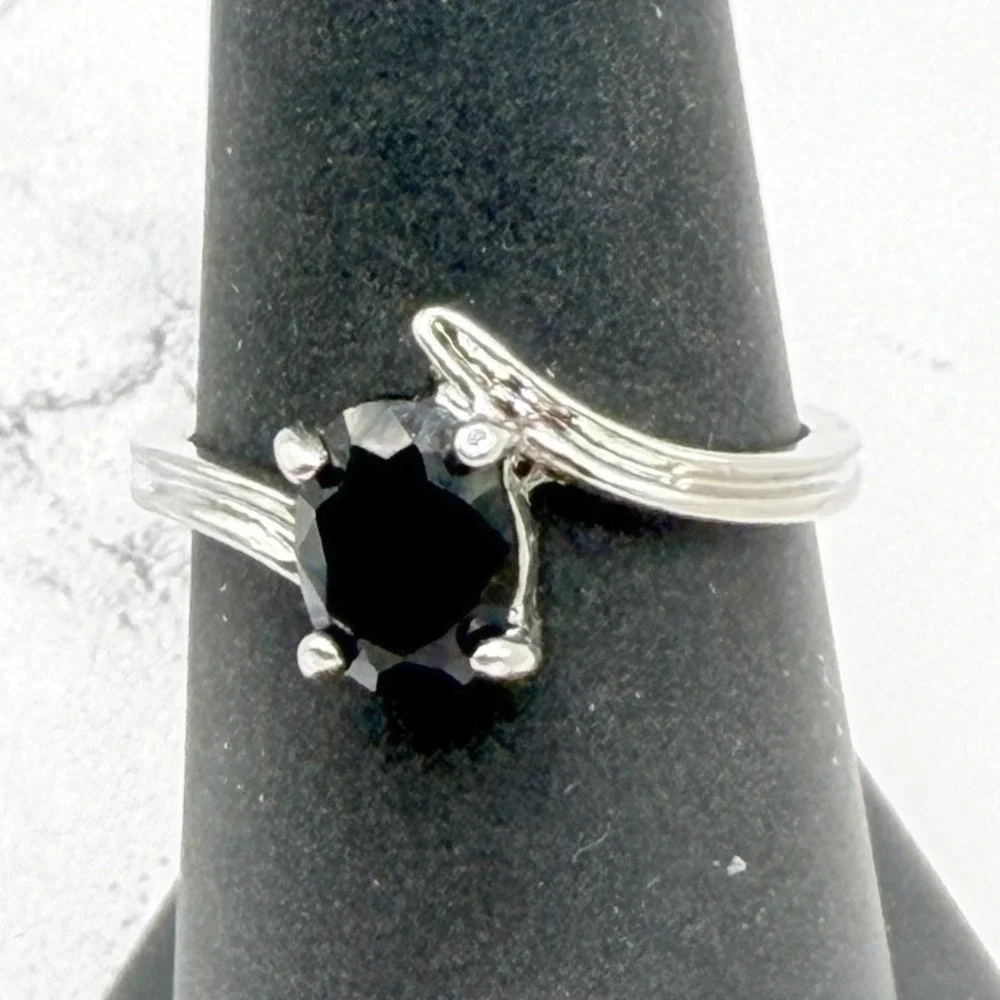Black‎ Stone Solitaire Ring Silver Swirl Band Ring Size 7.25